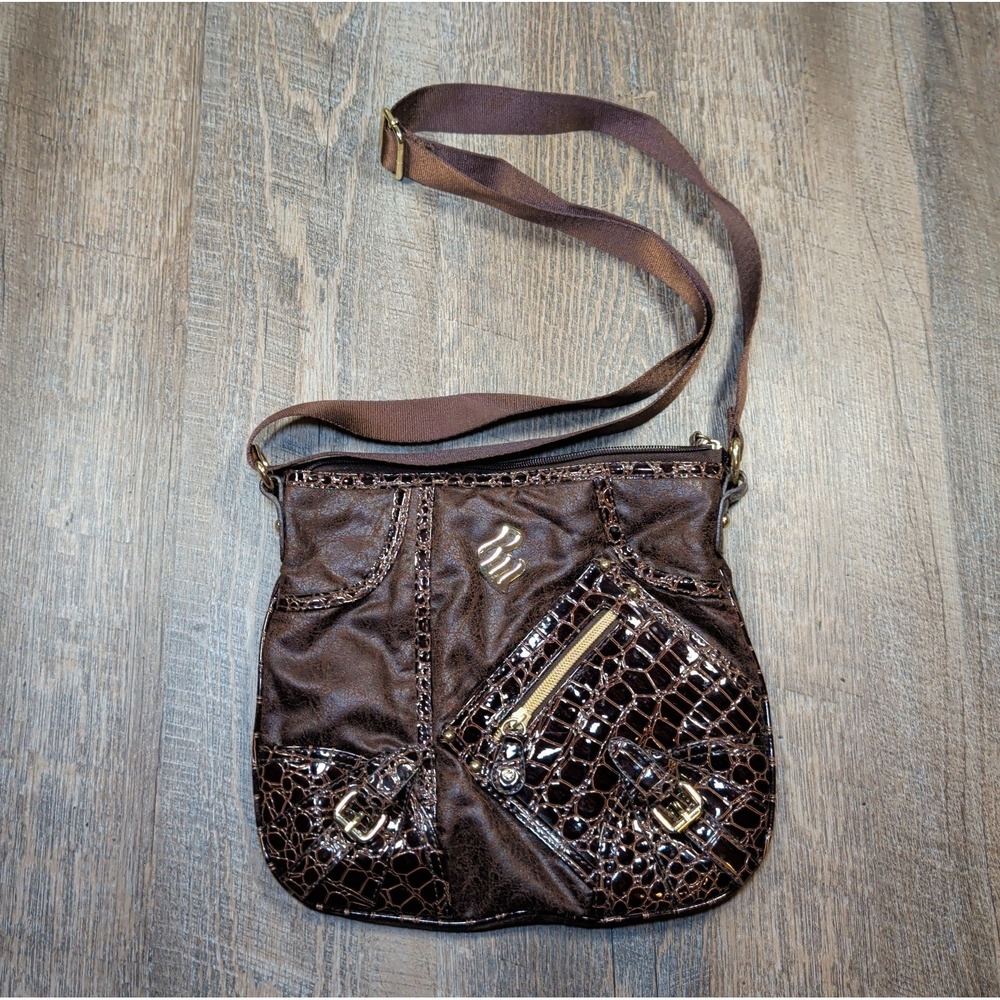 Rocawear Vintage Y2K Brown Faux Leather Croc Patchwork Crossbody Purse